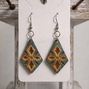 Hand-Painted Geometric Green and Brown Earrings
